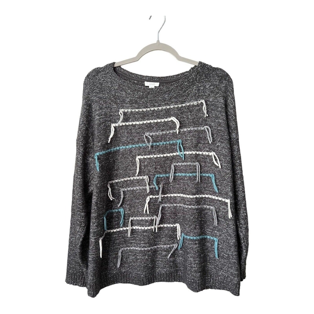 J Jill Sweater Womens Medium Gray Yarn Fringe Tassel Knit Pullover Artsy Funky
